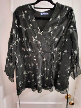 Penningtons Black Sheer Embroidered Wrap Blouse - Size 14 (1X)